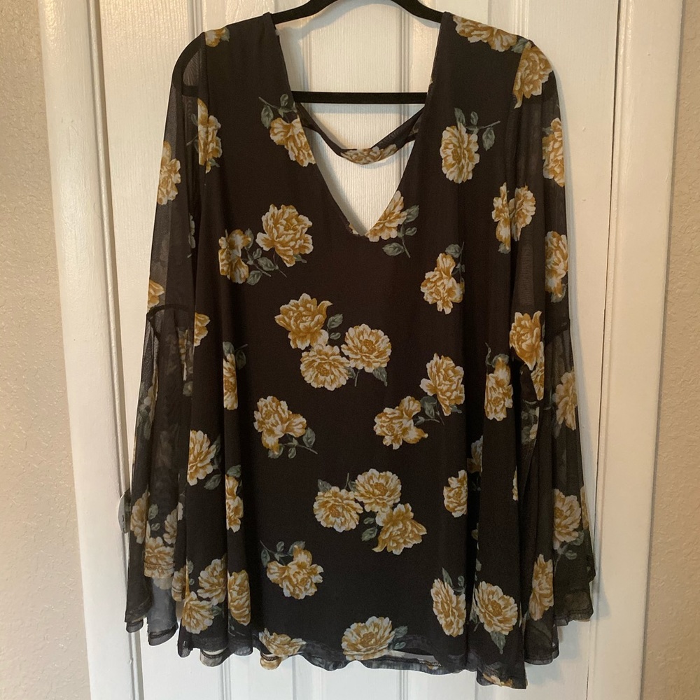 Floral black and yellow bell sleeve top